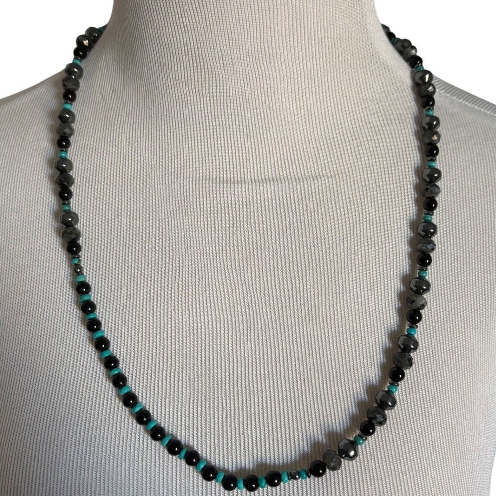 Black Obsidian Skull Pendant Necklace Mens Turquoise Beaded Choker Goth Biker